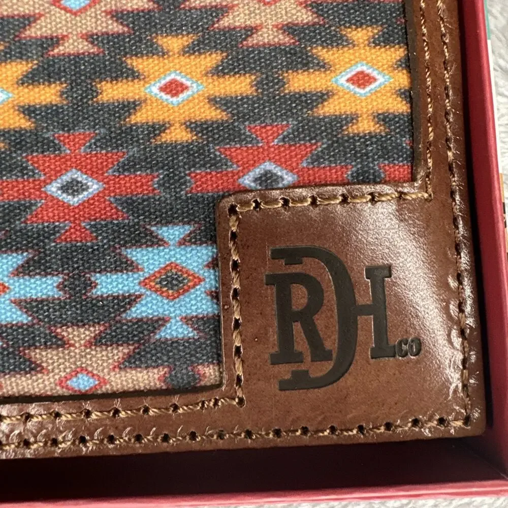 Red Dirt Hat Co Bifold‎ Wallet Leather Southwest Aztec Canvas Inlay Bison Grain